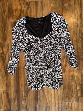 WHBM Zebra Print Ruched Long Sleeve Mesh Top